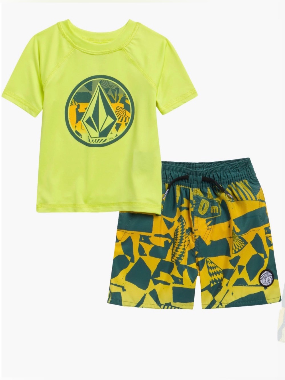 Volcom Neon Yellow and Dark Green Boys Swim Set